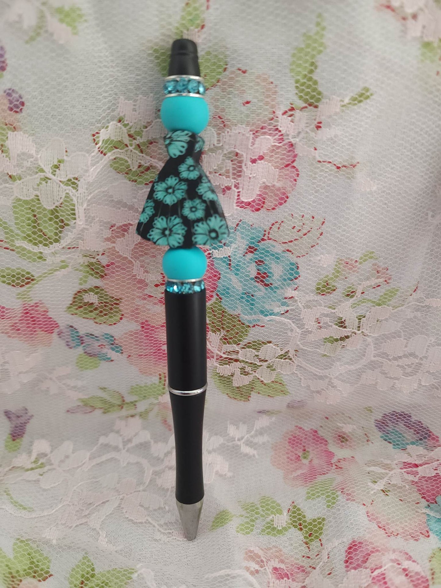 Teal Floral Dress Beaded Pen