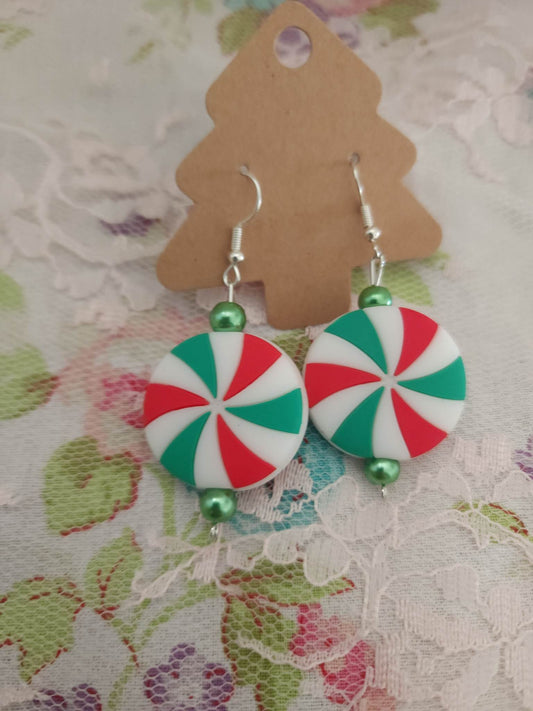 Red/Green peppermint swirl Dangle Earrings