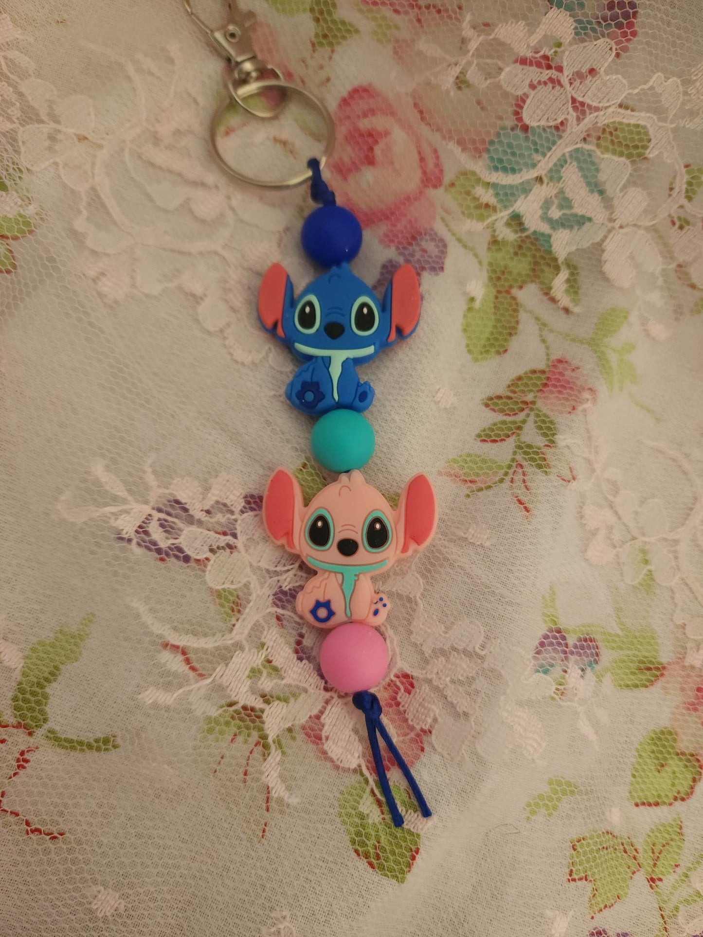 Blue & Pink Alien Beaded Keychain