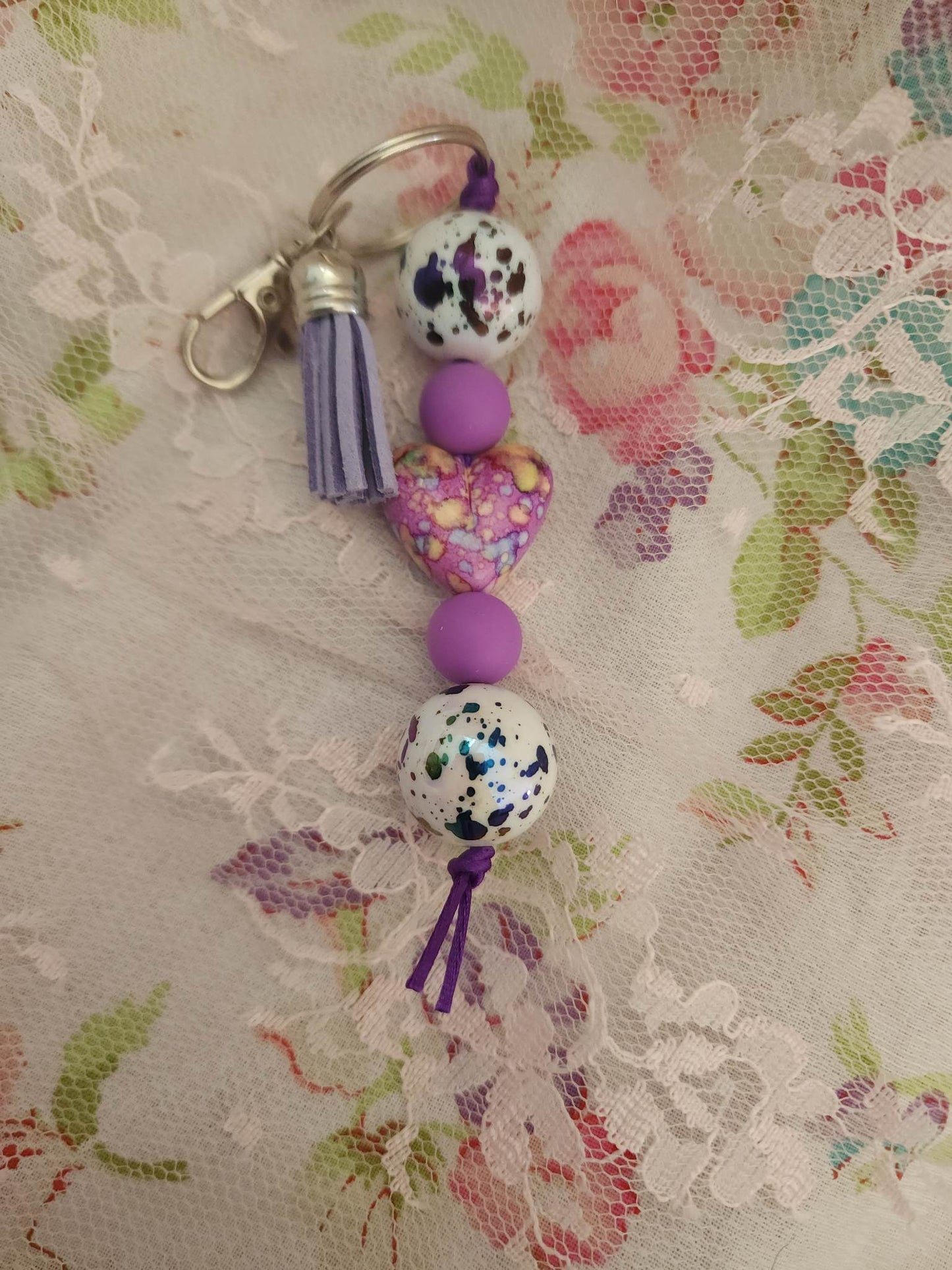Purple Marble Heart Beaded Keychain