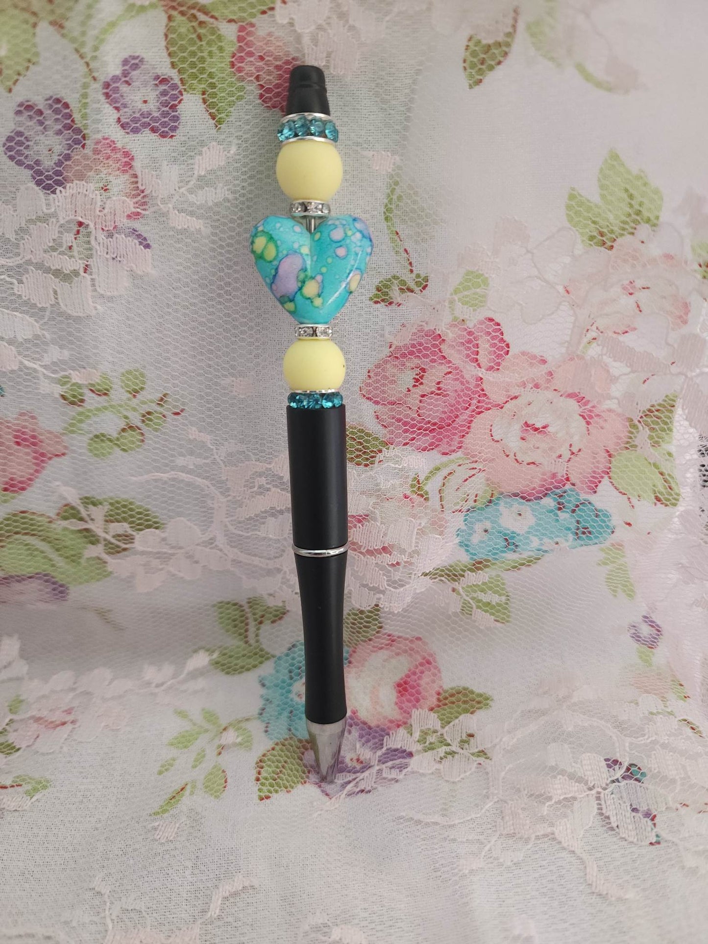 Blue Marble Heart Beaded Pen