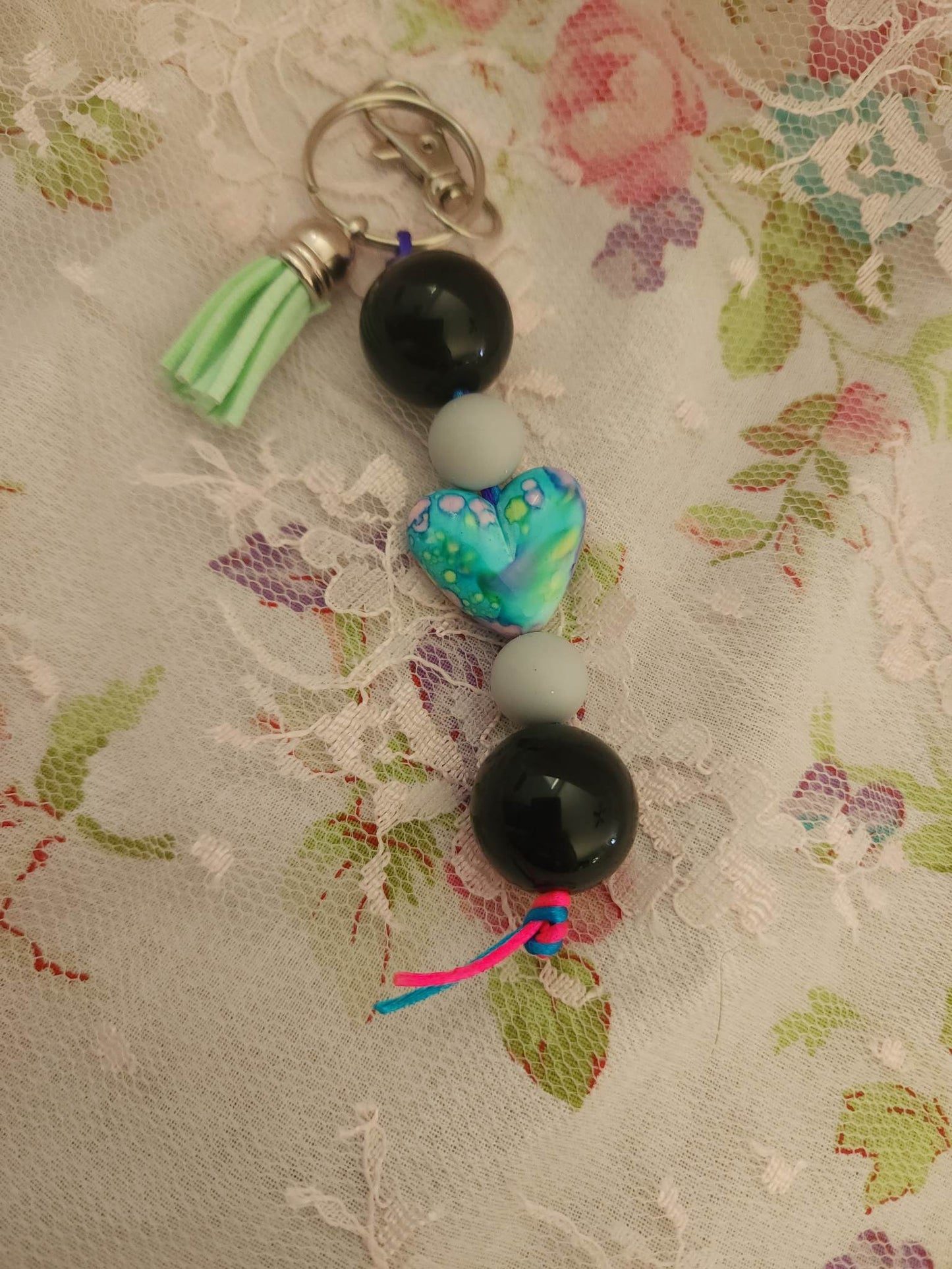 Blue Marble Heart Beaded Keychain