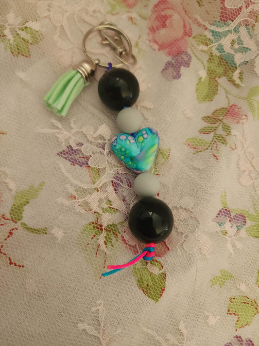 Blue Marble Heart Beaded Keychain