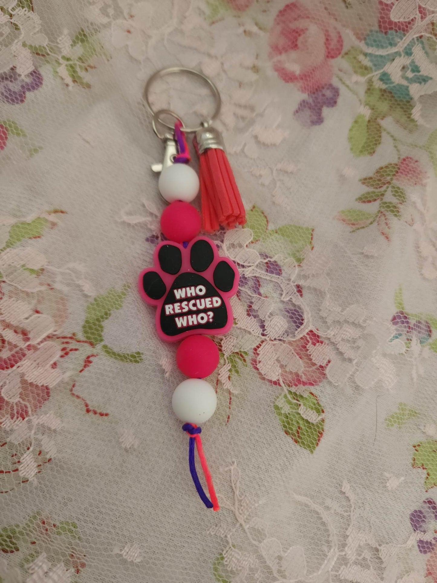 Pink Who rescued who paw Beaded Keychain