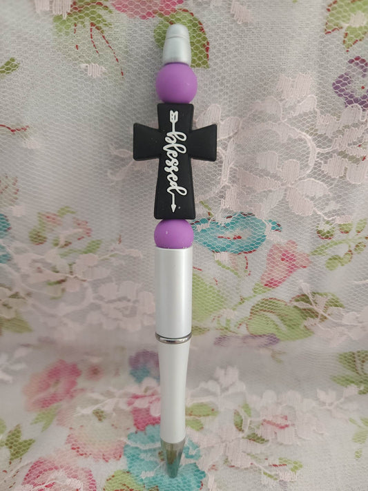 Black Blessed Cross Beaded Pen
