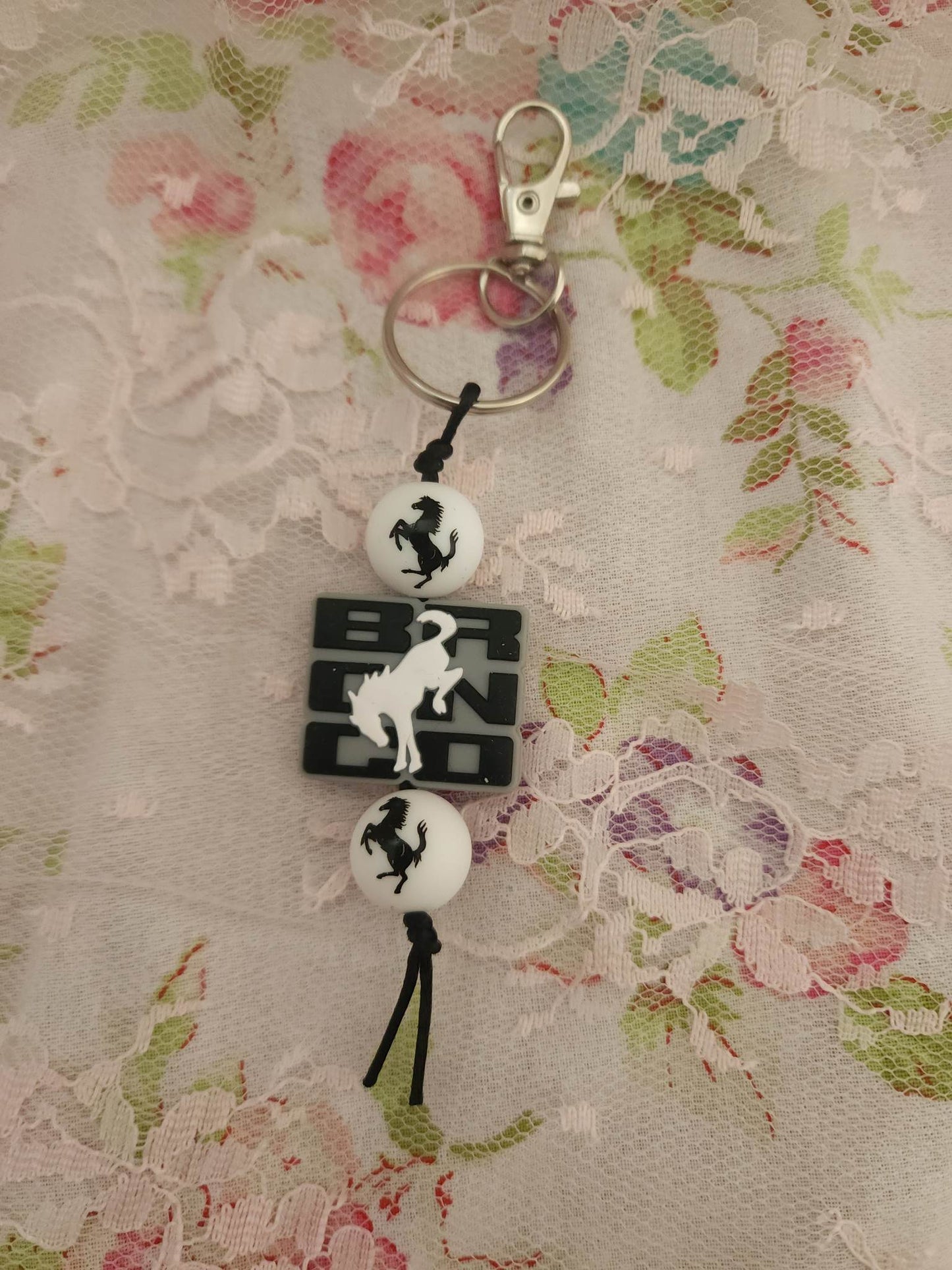 Grey Bronco Beaded Keychain