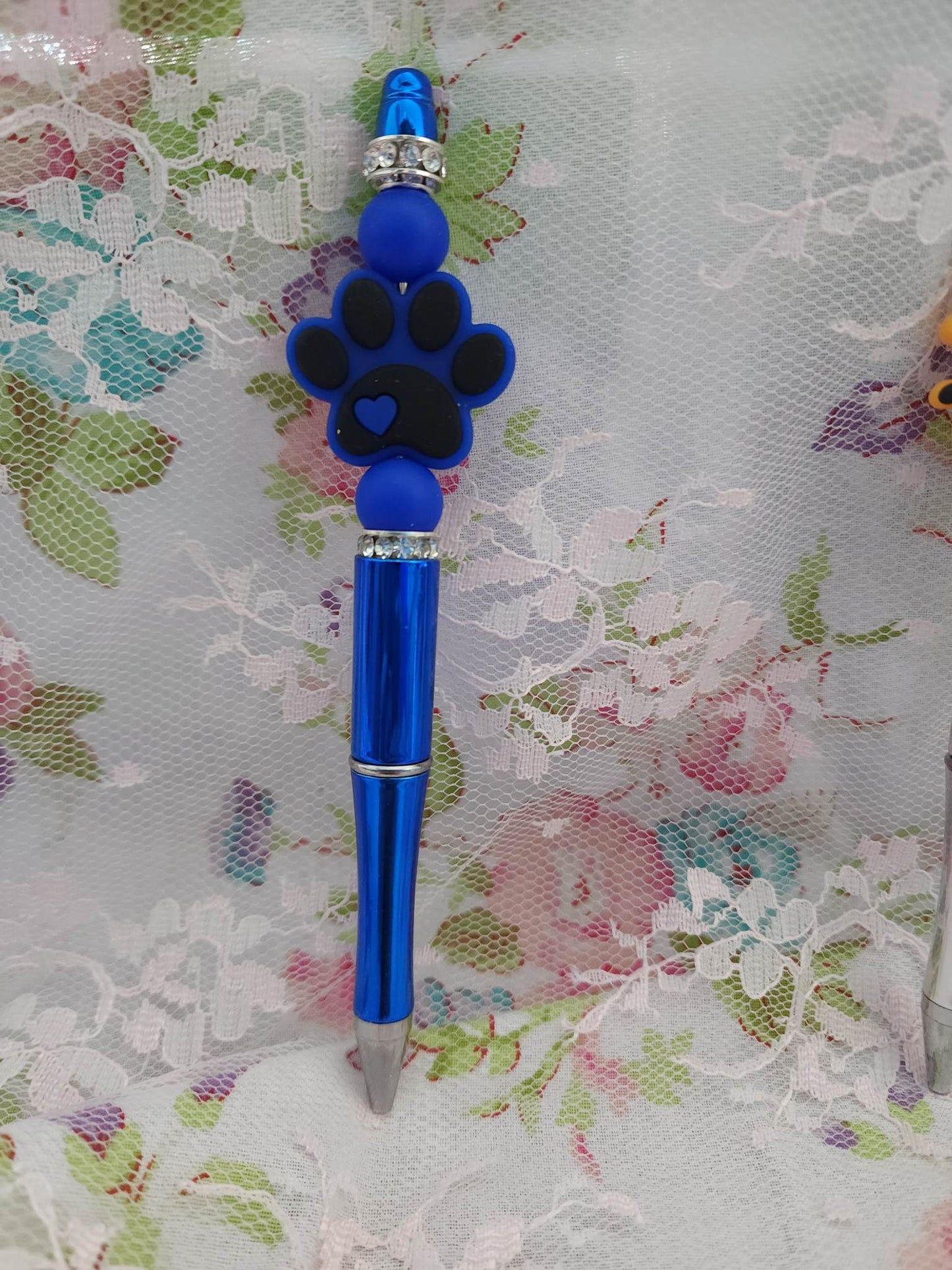 Navy Blue Paw Print Beaded Pen