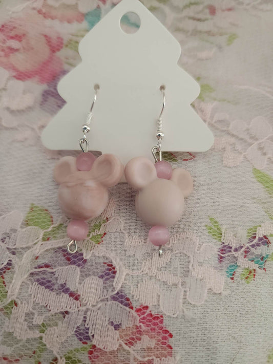 Pink Marble Mouse Head Dangle Earrings