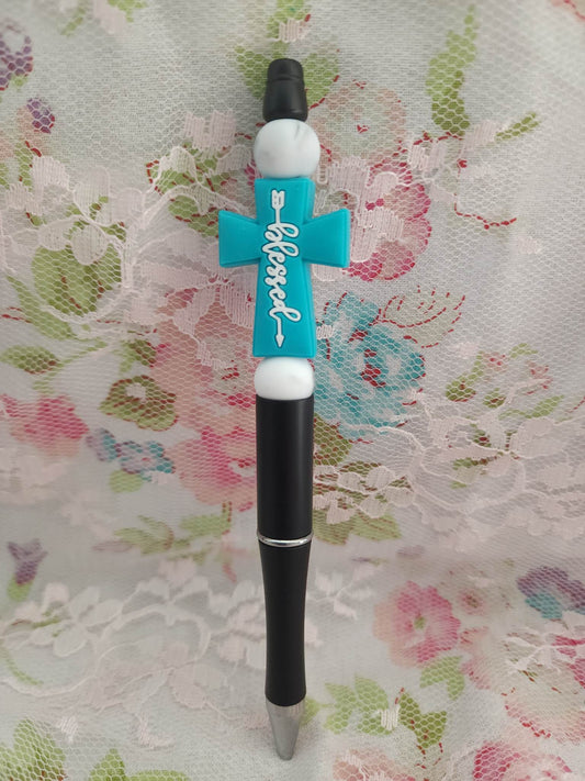 Blue Blessed Cross Beaded Pen