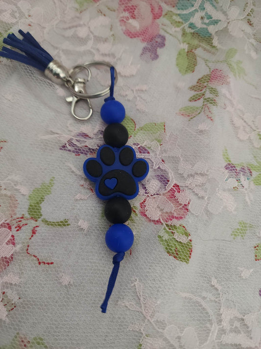 Dark Blue Paw Print Beaded Keychain