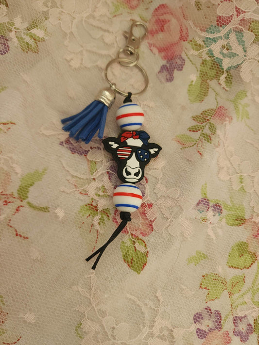 Red, White & Blue Cow Beaded Keychain