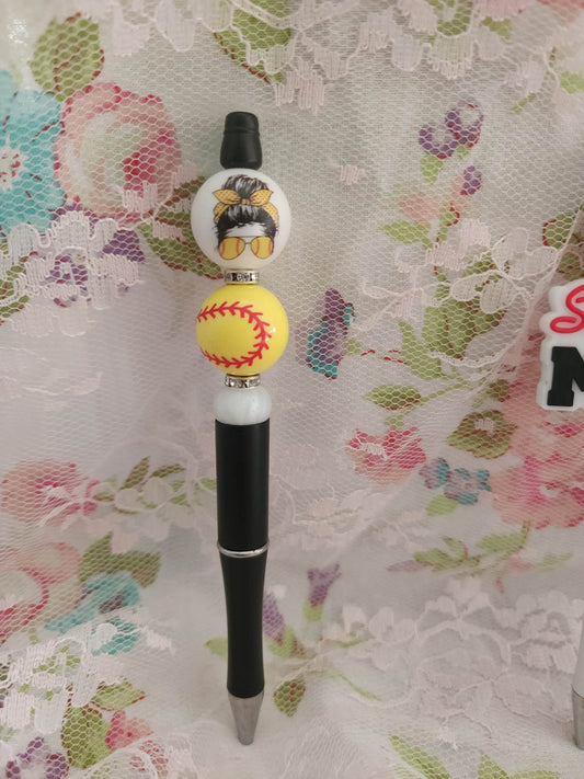 Messy Bun Softball Beaded Pen