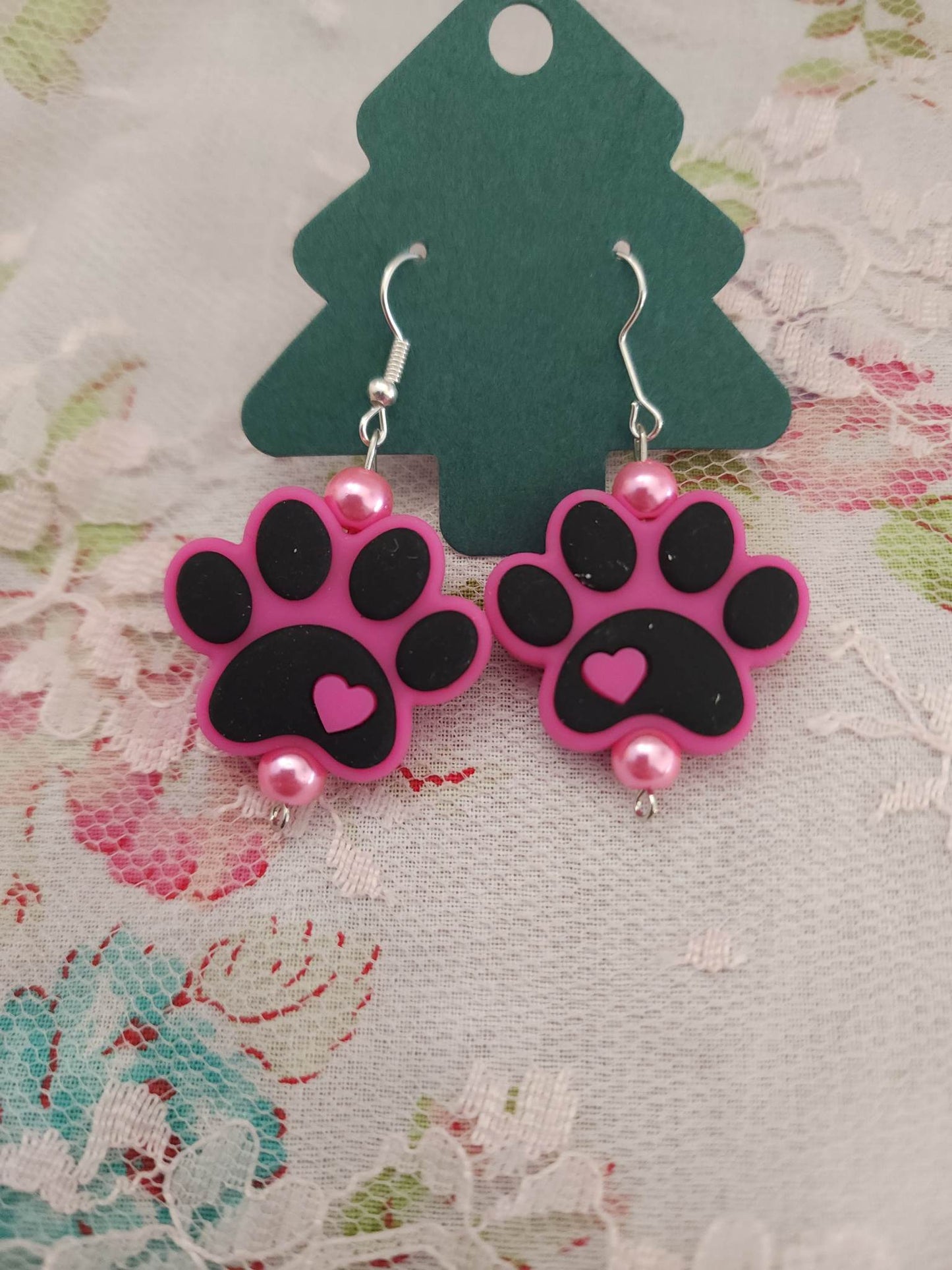 Pink Paw Print Dangle Earrings