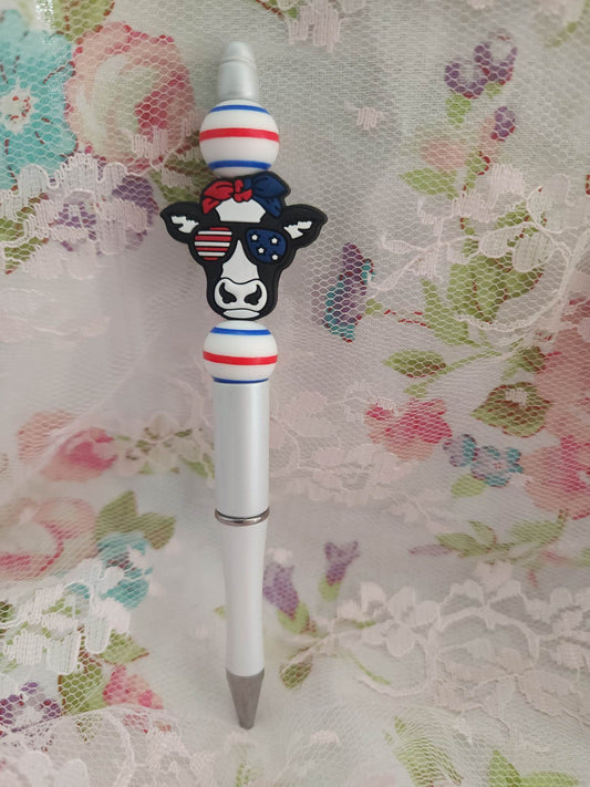 Red/White/Blue Cow Beaded Pen