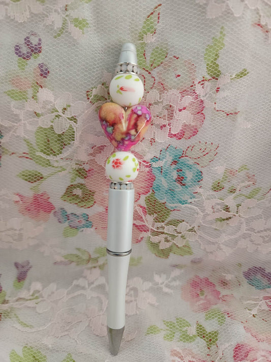Pink Marble Heart Beaded Pen