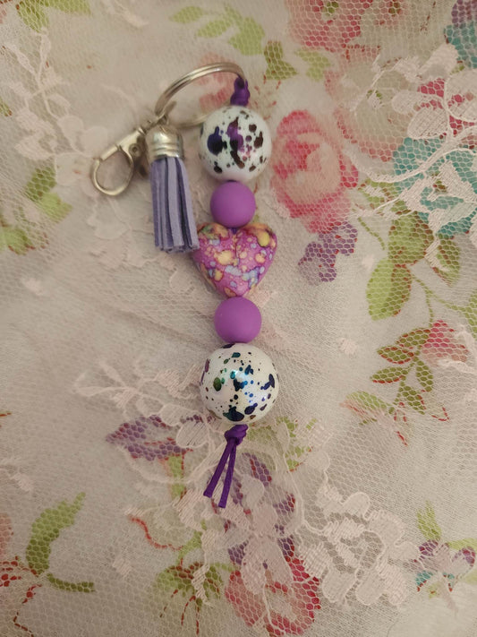 Purple Marble Heart Beaded Keychain