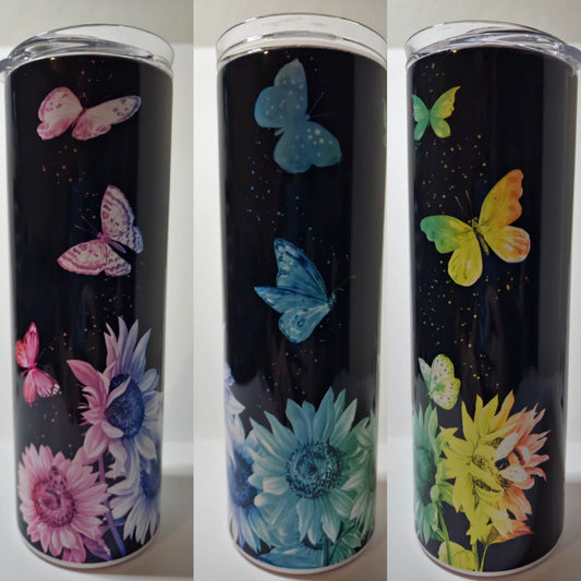 Rainbow Flowers/Butterflies Black BG 20 oz Tumbler