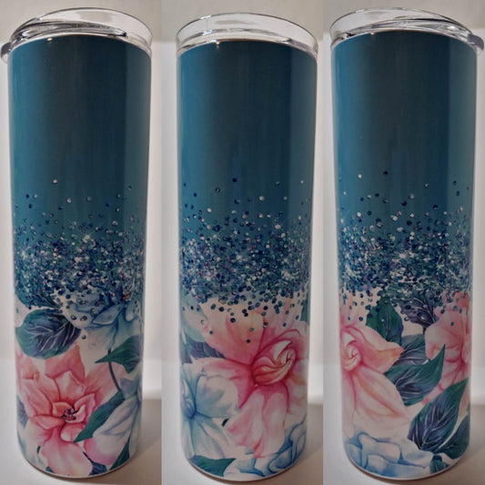 Blue with Blue and Pink Floral 20 oz Tumbler