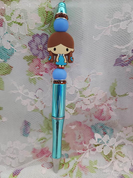 Blue Dress Girl Beaded Pen