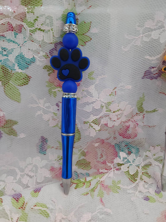 Navy Blue Paw Print Beaded Pen