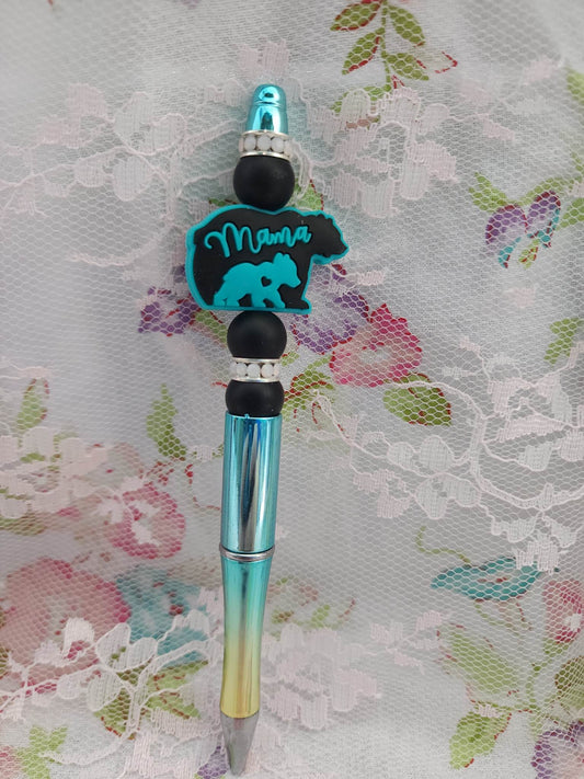 Teal Mama Bear Beaded Pen