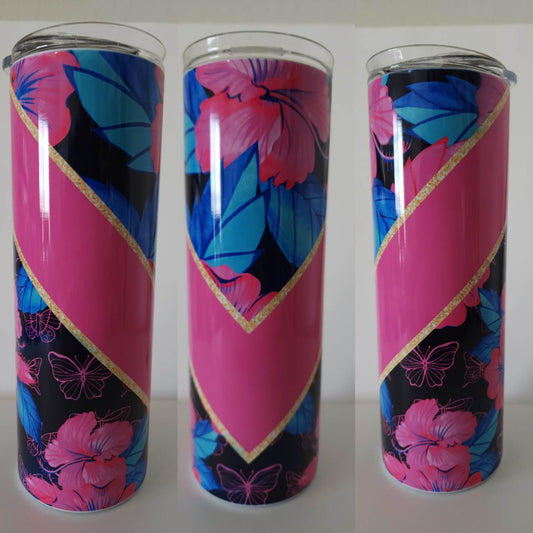 Pink and Blue Floral w/pink V 20 oz Tumbler